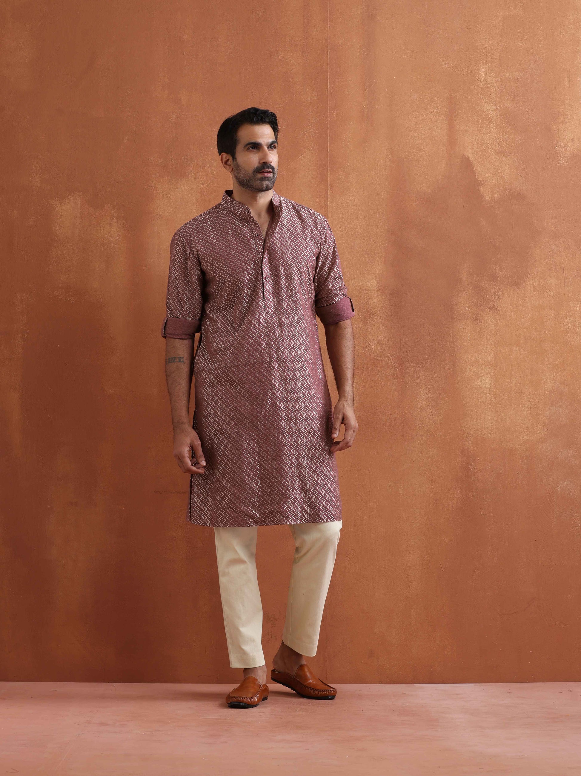 trueBrowns Men's Purple Cotton Dobby Kurta | Swadesiicart