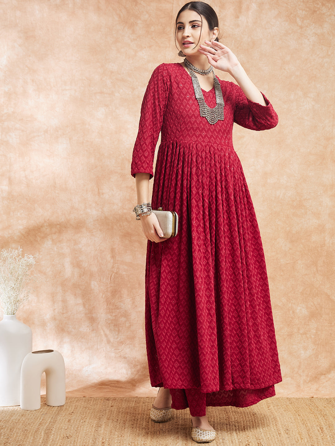 InWeave Women's Maroon Chikankari Long Anarkali Kurta Sharara Set - Swadesiicart
