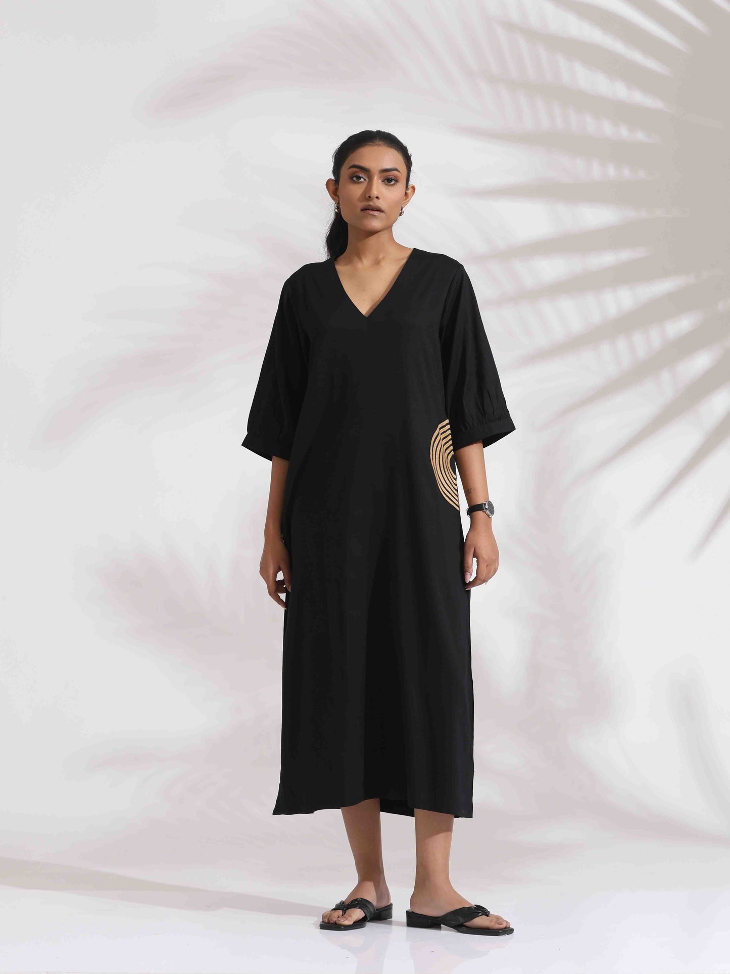 trueBrowns Black Cotton Embroidered Dress | Swadesiicart