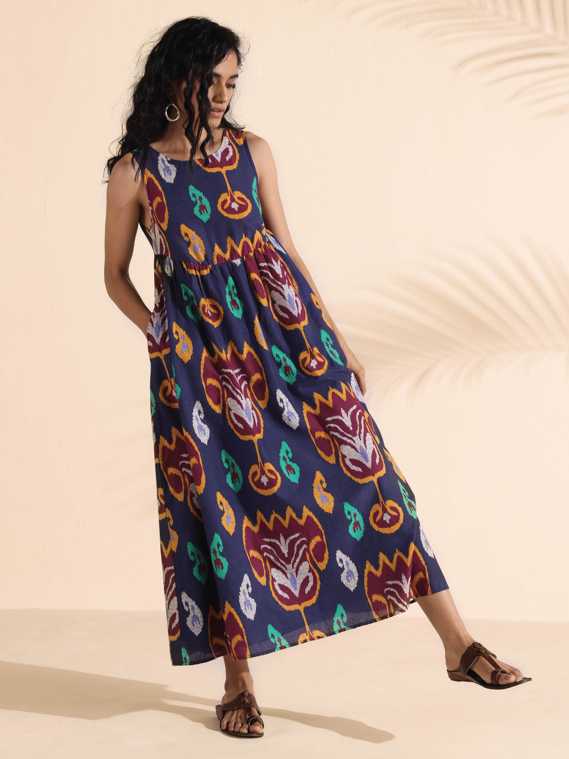 trueBrowns Purple Cotton Ikat Flared Dress | Swadesiicart