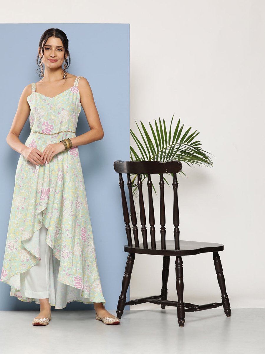 Ahalyaa Women Sea Green Floral Printed Empire Gotta Patti Kurta with Trousers | Swadesiicart
