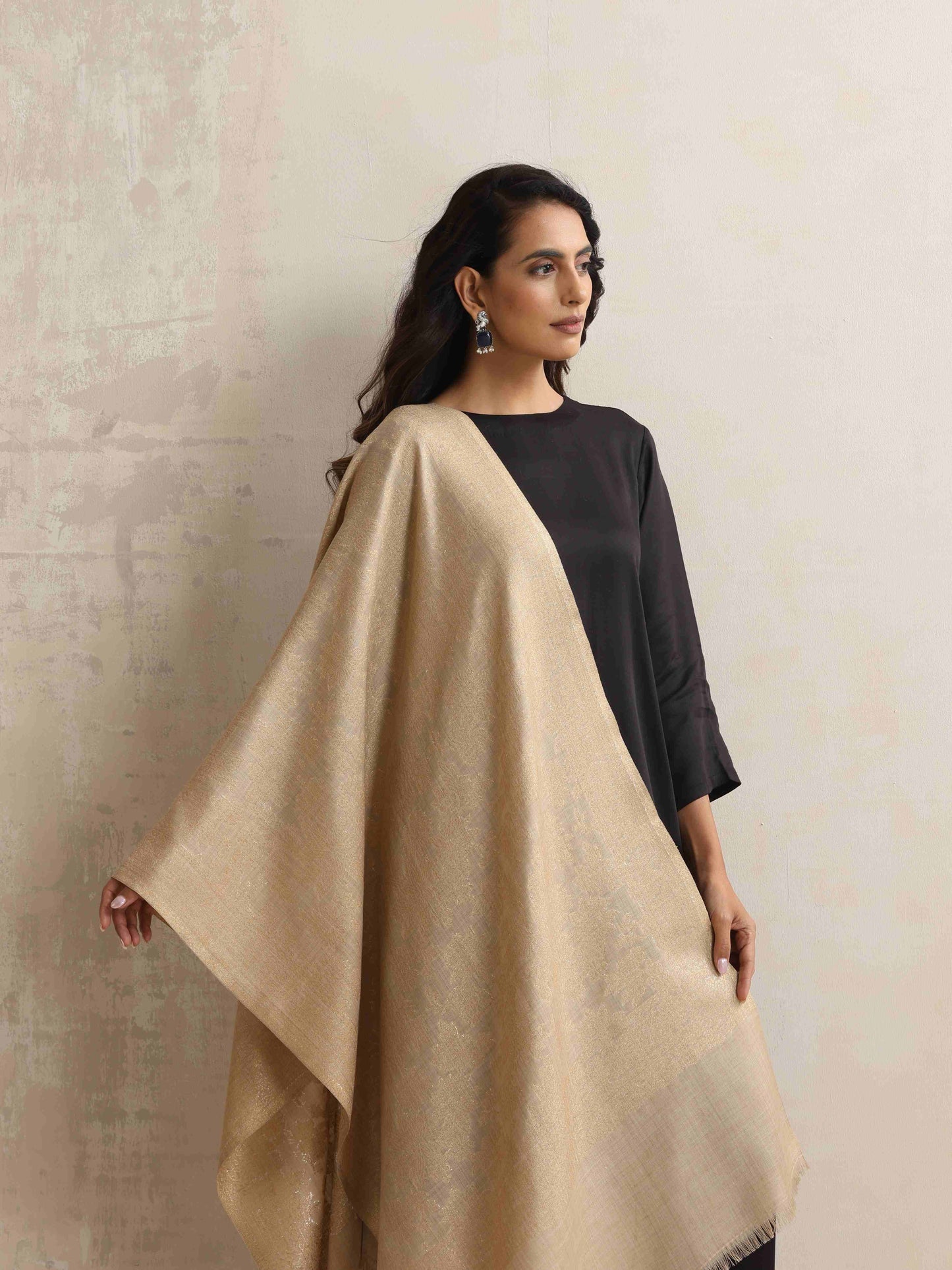 trueBrowns Beige Floral Jaal Woollen Stole | Swadesiicart