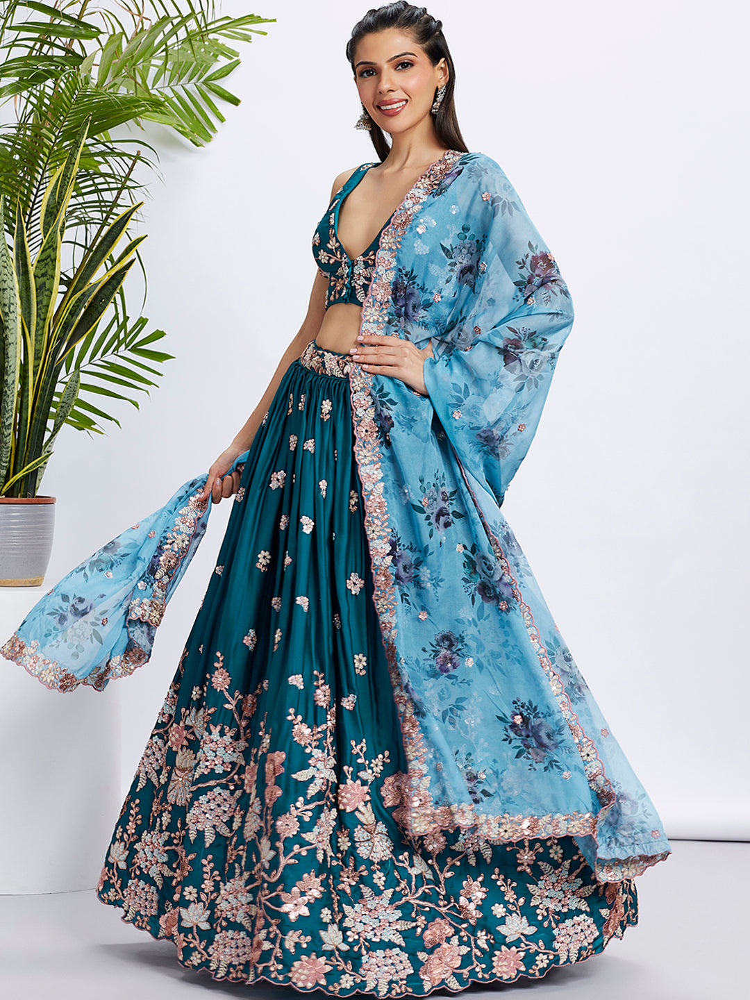 House of Panchhi Olive Pure Georgette Sequins And Thread Embroidery Lehenga Choli & Dupatta | Swadesiicart