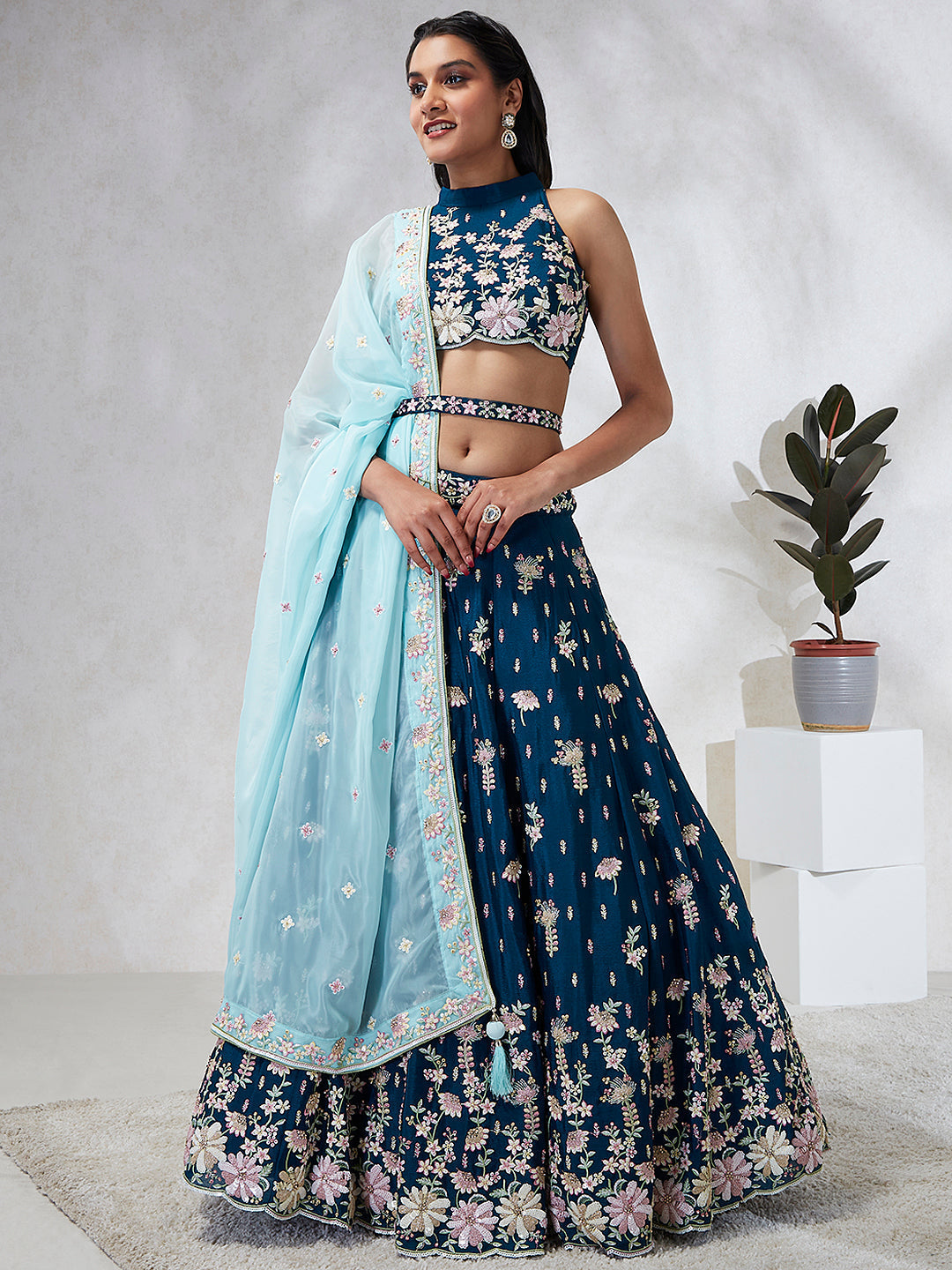 House of Panchhi Teal Pure Georgette Sequins And Thread Embroidery Lehenga Choli & Dupatta | Swadesiicart
