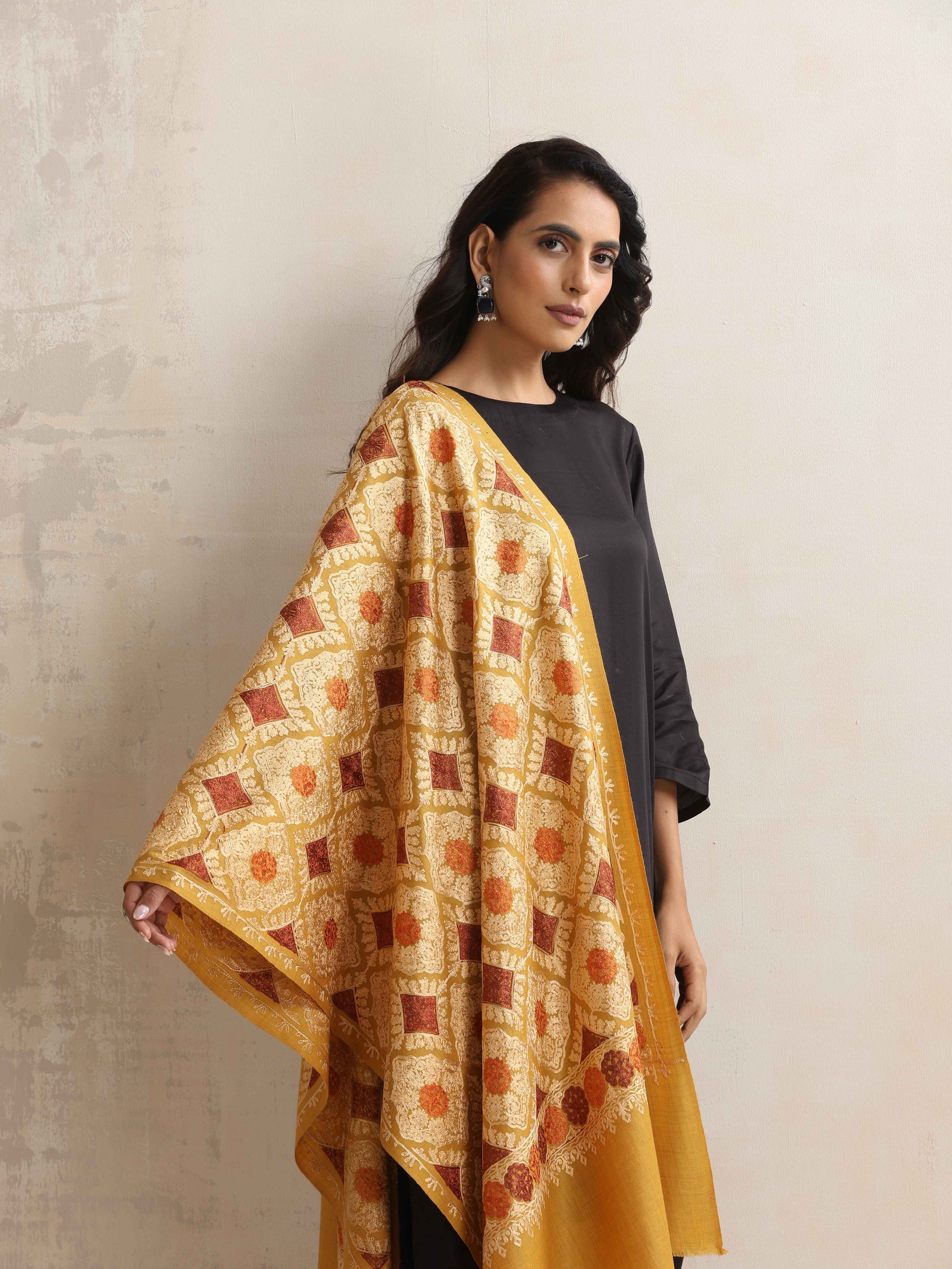 trueBrowns Mustard Embroidered Woollen Stole | Swadesiicart