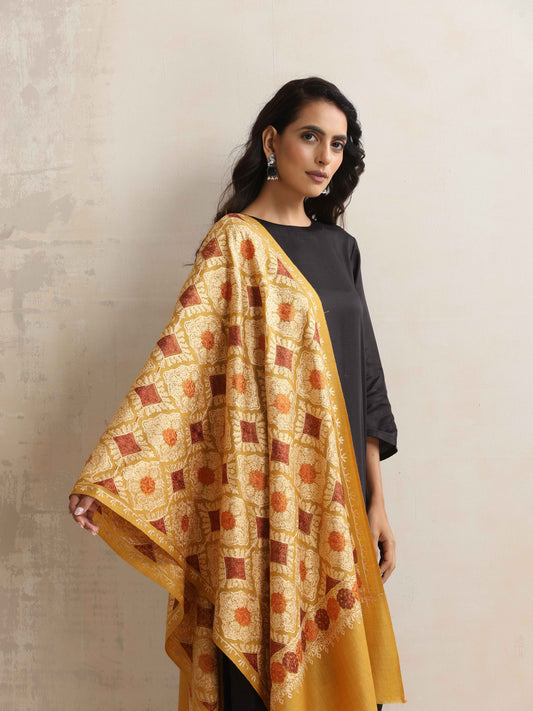 trueBrowns Mustard Embroidered Woollen Stole | Swadesiicart