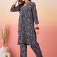 InWeave Navy Maroon Ajrakh Foil V Neck Kurta Pant Set - Swadesiicart
