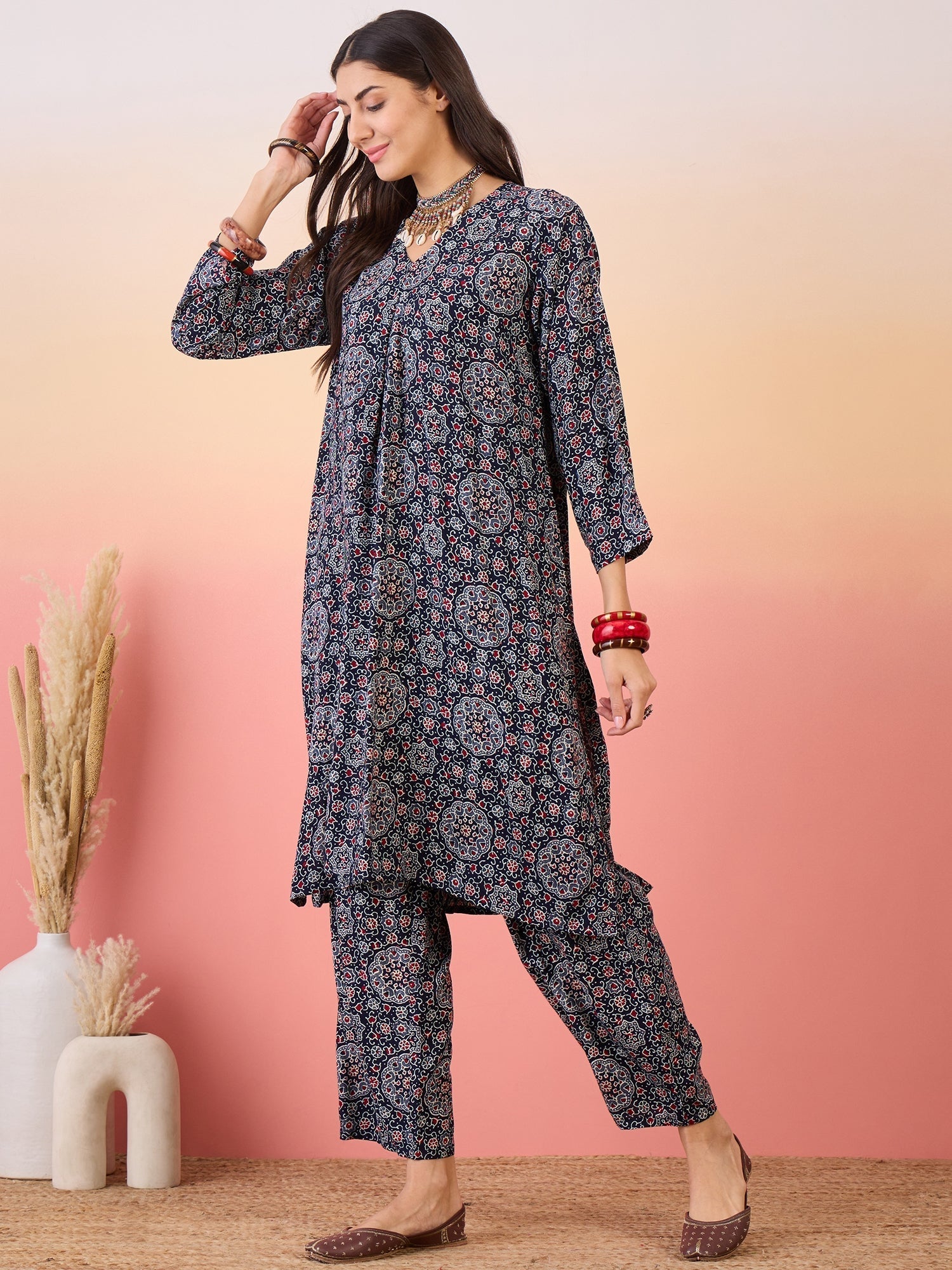 InWeave Navy Maroon Ajrakh Foil V Neck Kurta Pant Set - Swadesiicart