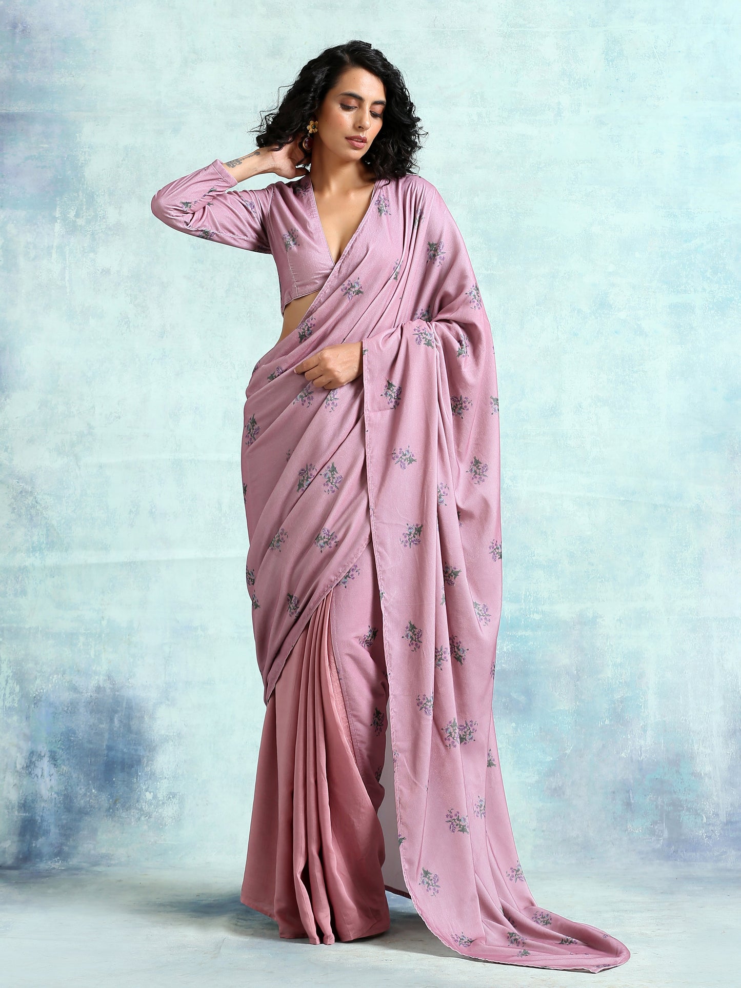 trueBrowns Light Mauve Printed Velvet Ready to Wear Saree | Swadesiicart