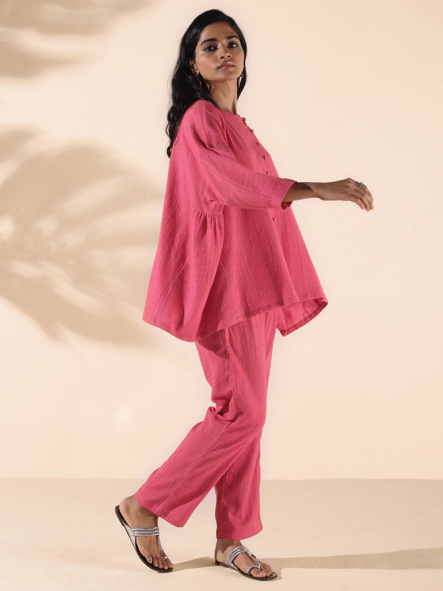trueBrowns Pink Cotton Dobby Oversized Co-ord Set - Swadesiicart