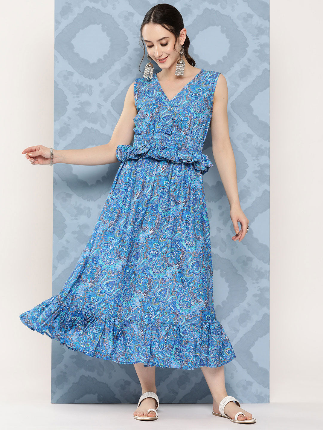 InWeave Women's Sapphire Blue Floral Paisley Print Long Frill Dress - Swadesiicart