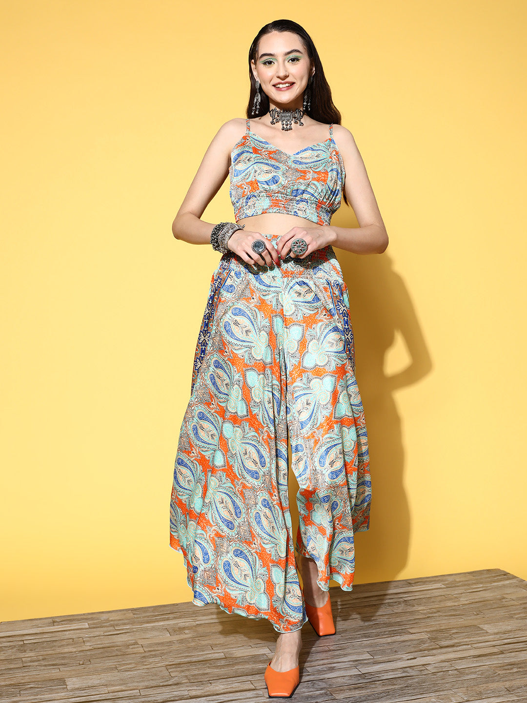 InWeave Women's Blue Orange Paisley Print Coord Set - Swadesiicart