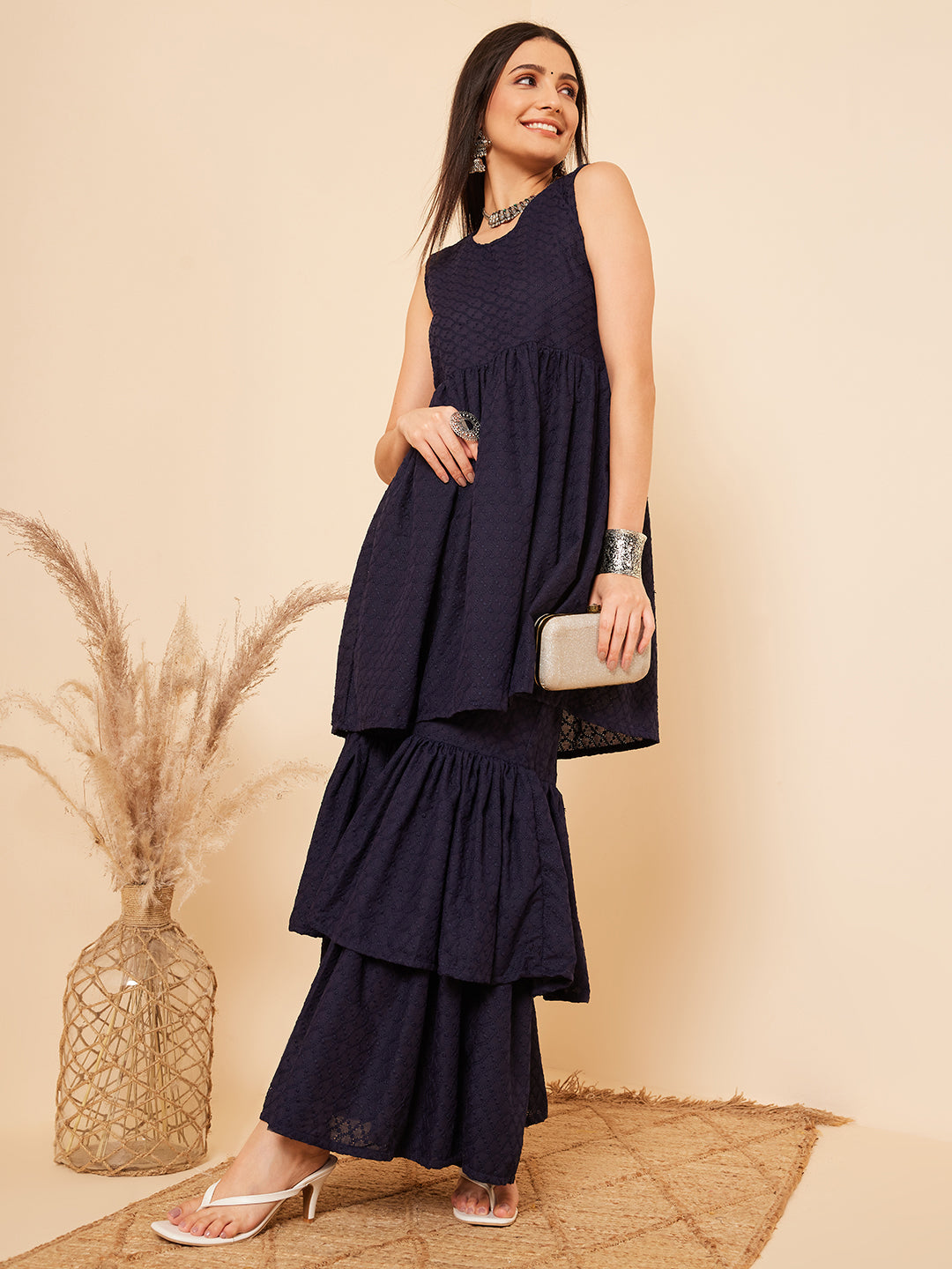 InWeave Women's Navy Blue Lace Work Double Layer Sharara Set - Swadesiicart