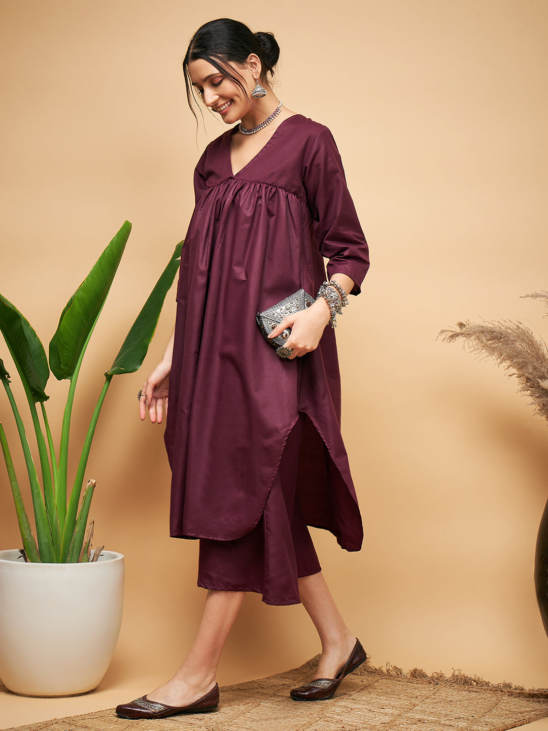 InWeave Women's Wine Solid Flared Kurta Palazzo Set - Swadesiicart