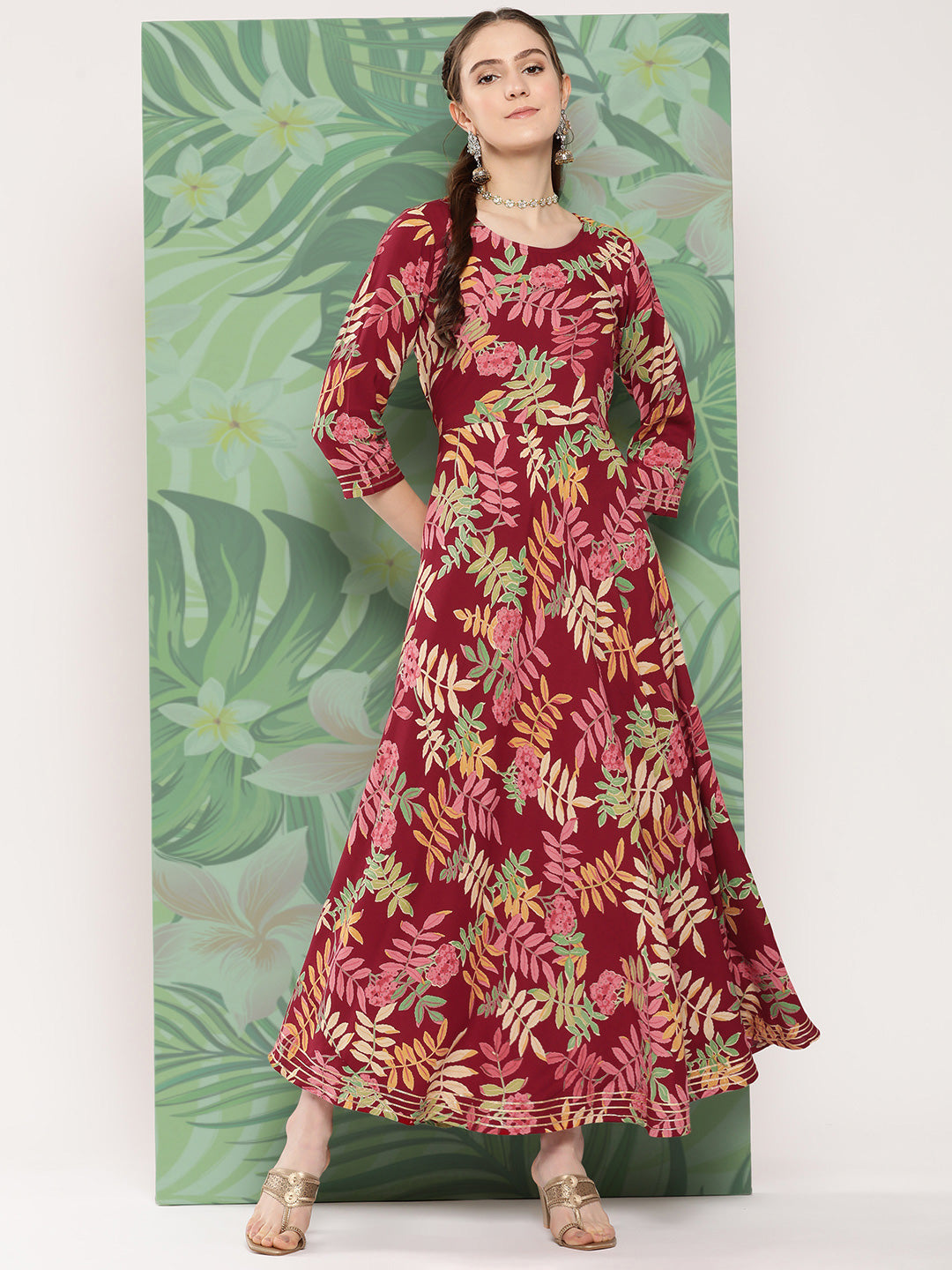 InWeave Women's Red Tropical Print Gota Long Dress - Swadesiicart