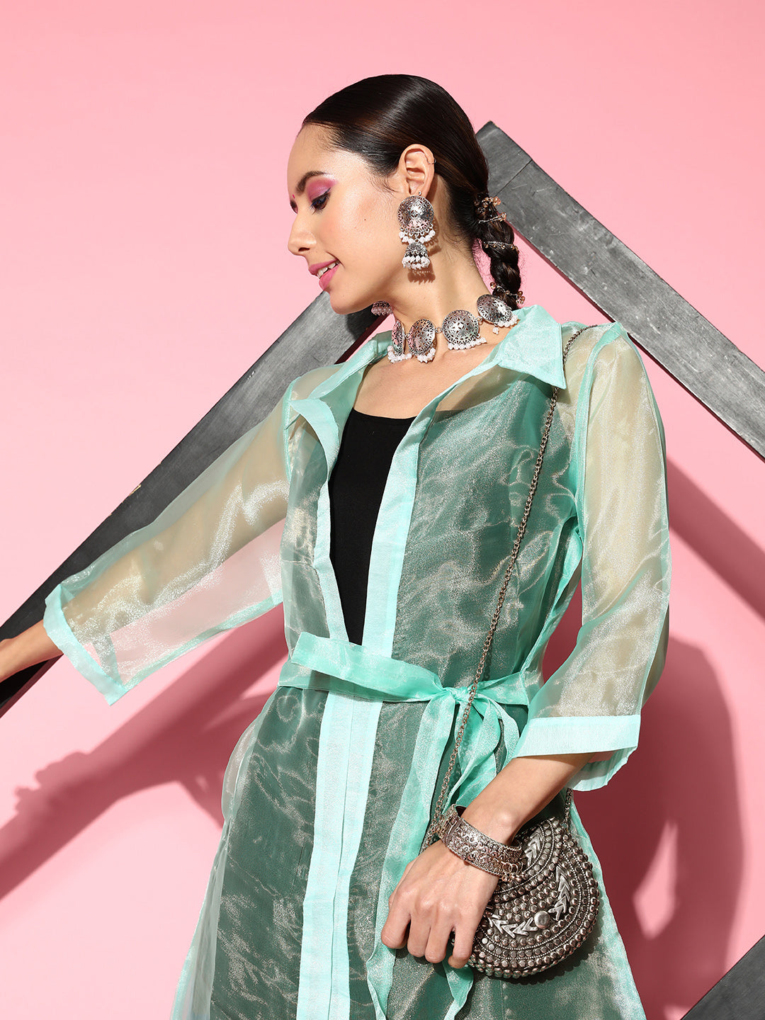 InWeave Women's Black Strappy Kurta Set With Teal Organza Cape - Swadesiicart