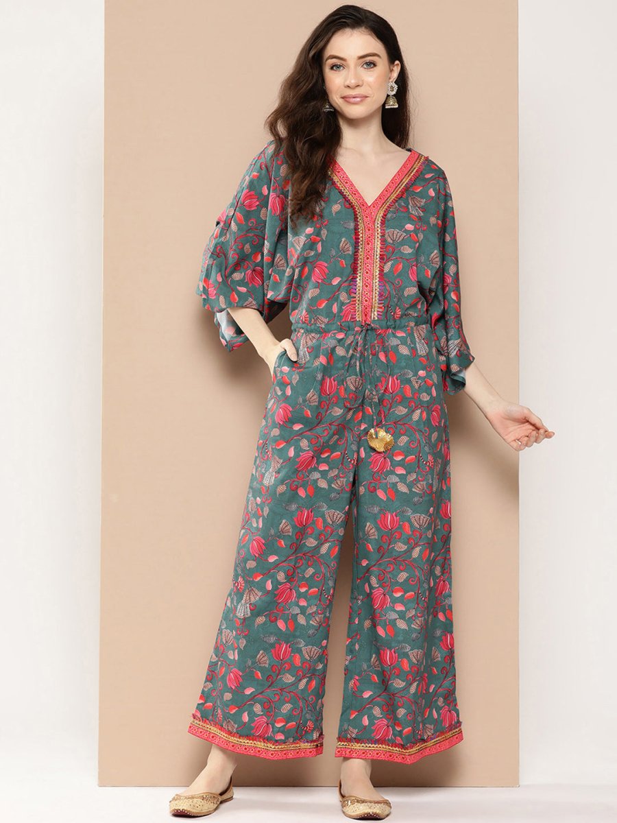 Ahalyaa Printed Basic Jumpsuit with Lace Inserts | Swadesiicart