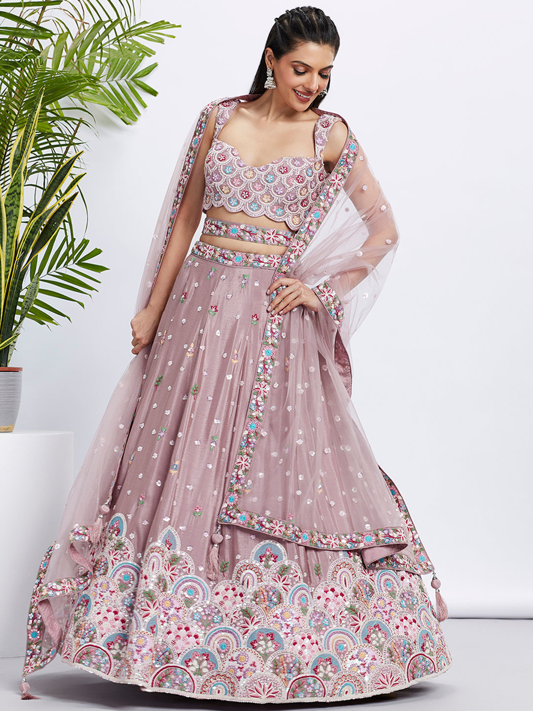 House of Panchhi Lavender Georgette Sequins And Thread Embroidery Lehenga Choli & Dupatta | Swadesiicart