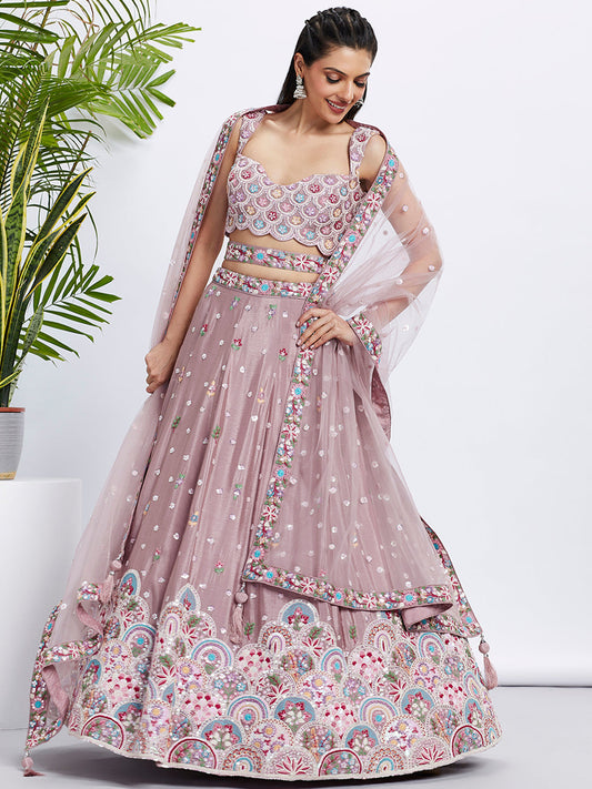 House of Panchhi Lavender Georgette Sequins And Thread Embroidery Lehenga Choli & Dupatta | Swadesiicart