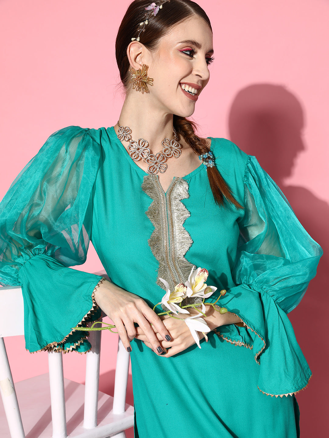 InWeave Women's Aqua Organza Sleeve Gota Work Kurta Set - Swadesiicart