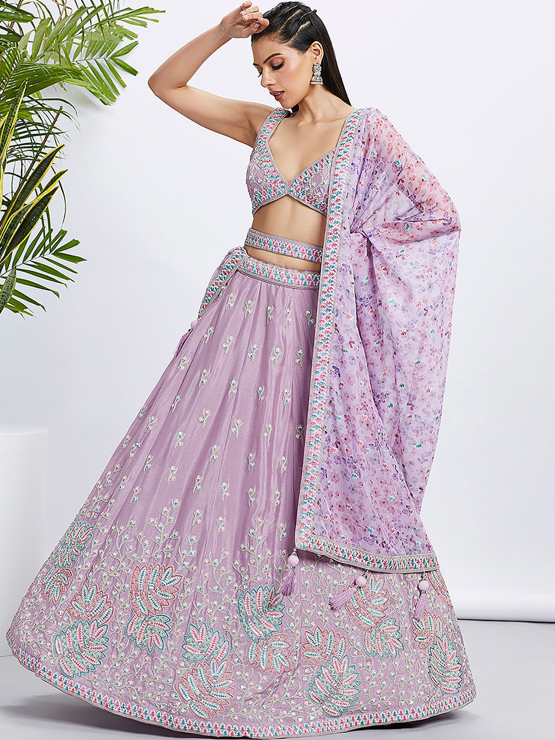 House of Panchhi Lavender Georgette Sequins And Thread Embroidery Lehenga Choli & Dupatta | Swadesiicart