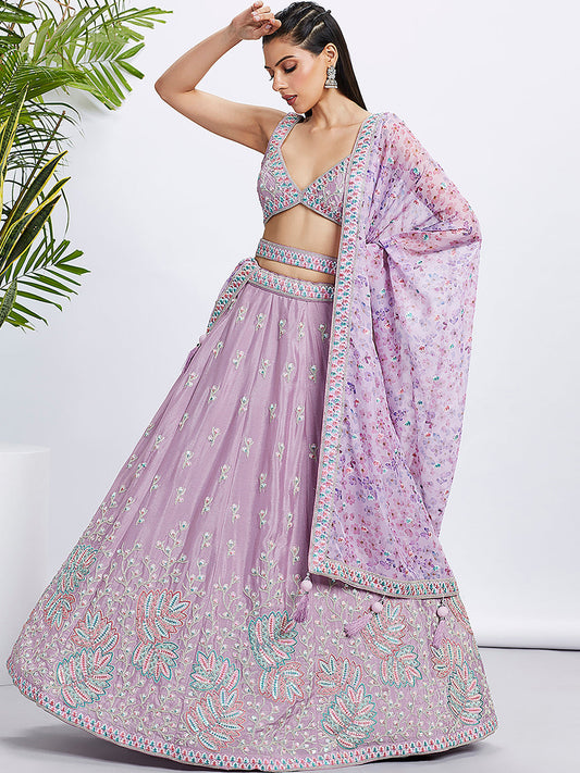 House of Panchhi Lavender Georgette Sequins And Thread Embroidery Lehenga Choli & Dupatta | Swadesiicart