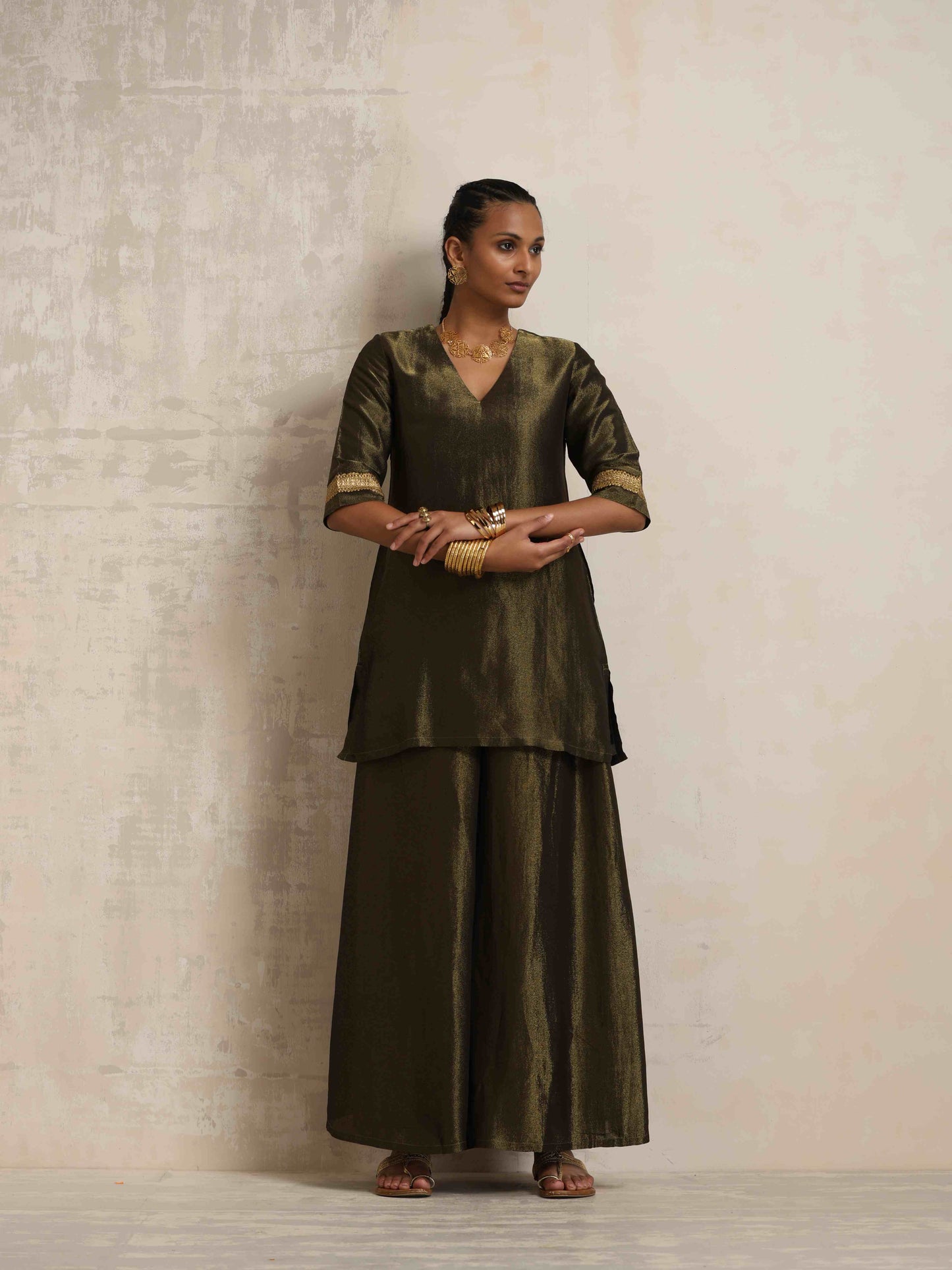 trueBrowns Olive Green Tissue Sharara Set | Swadesiicart