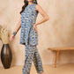 InWeave Peacock Blue White Moroccan Print Round Neck Kurta Set - Swadesiicart