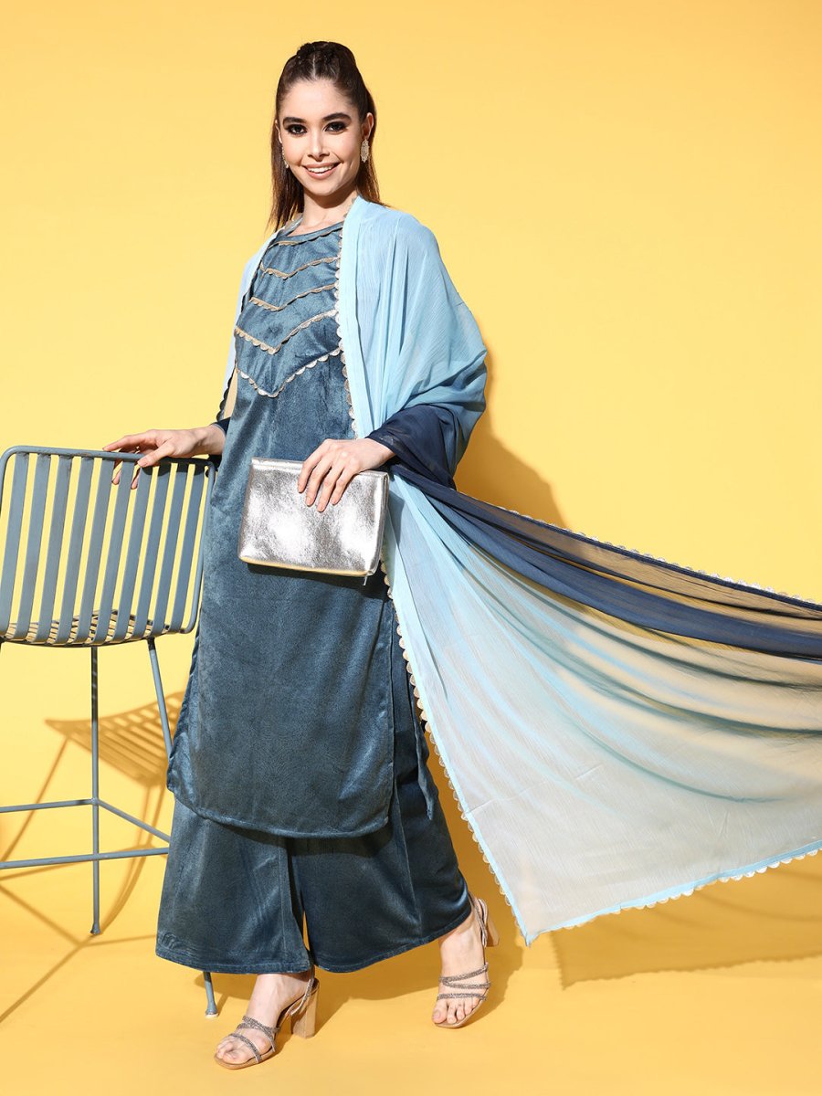 Ahalyaa Women Gotta Patti Velvet Kurta with Palazzos & With Dupatta | Swadesiicart