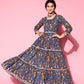 InWeave Women's Blue Floral Print Dress With Lace - Swadesiicart