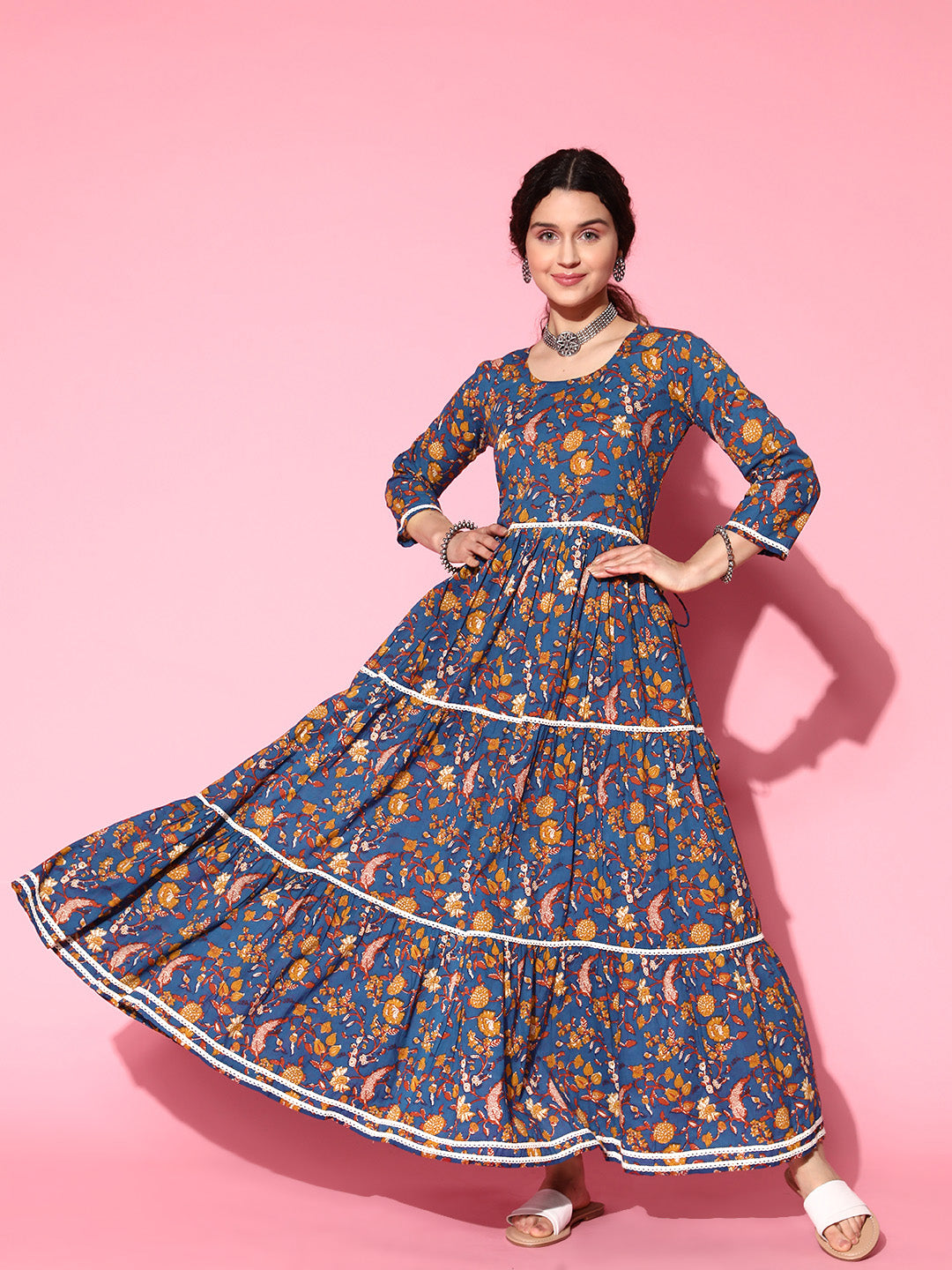 InWeave Women's Blue Floral Print Dress With Lace - Swadesiicart