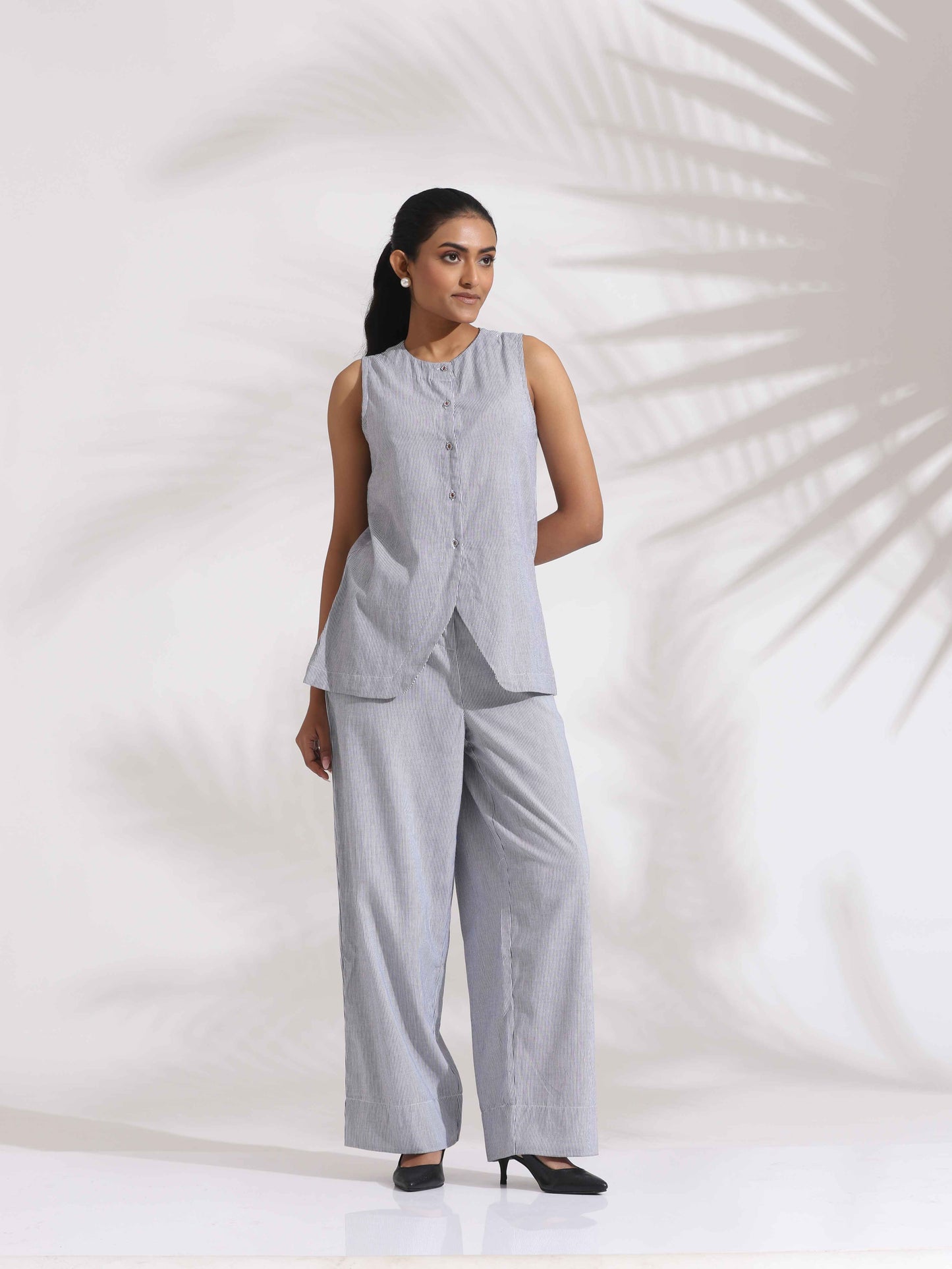 trueBrowns Grey Cotton Stripe Co-ord Set - Swadesiicart
