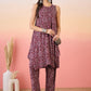 InWeave Maroon Navy Ajrakh Foil Round Neck Kurta Pant Set - Swadesiicart