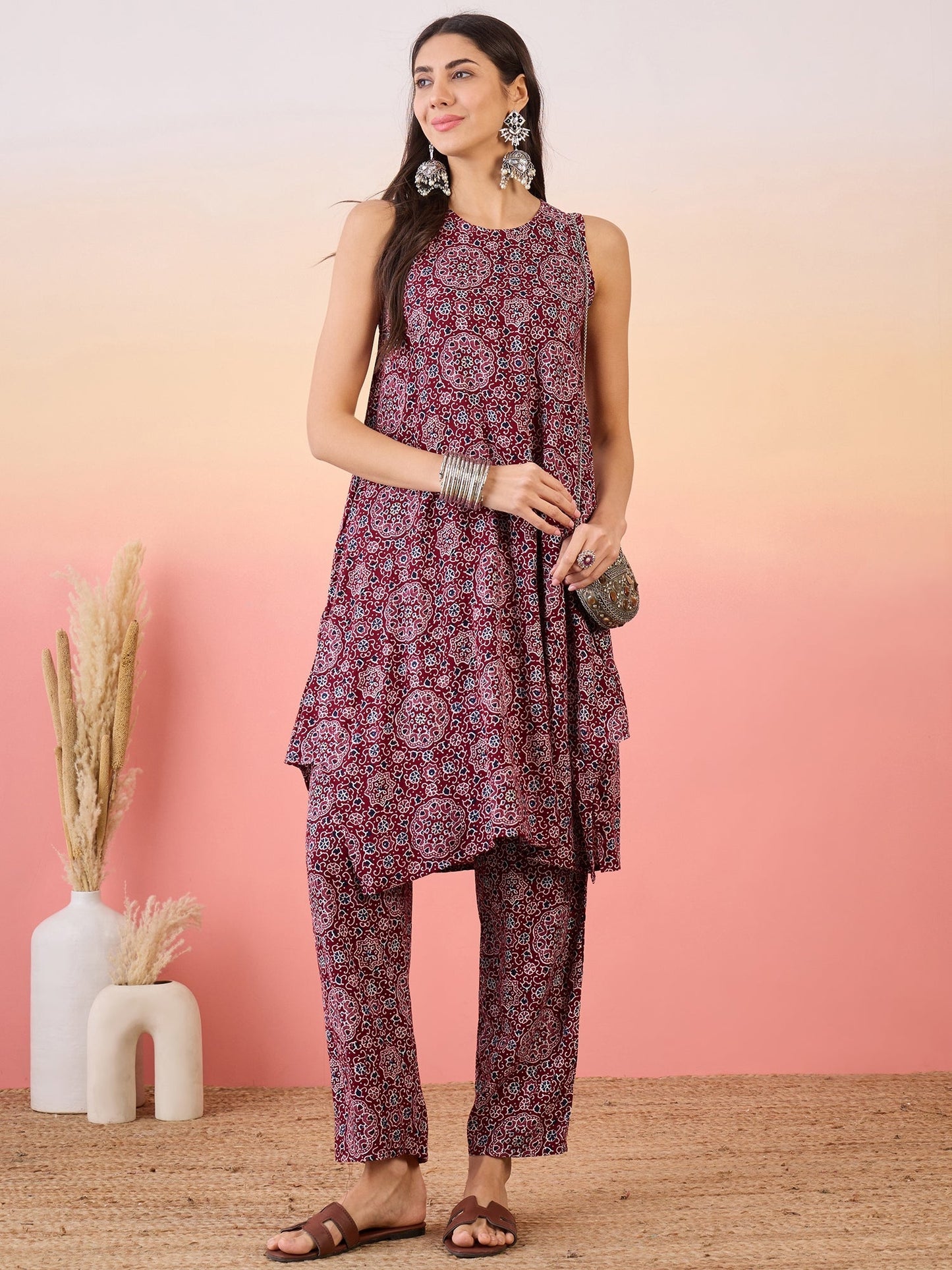 InWeave Maroon Navy Ajrakh Foil Round Neck Kurta Pant Set - Swadesiicart