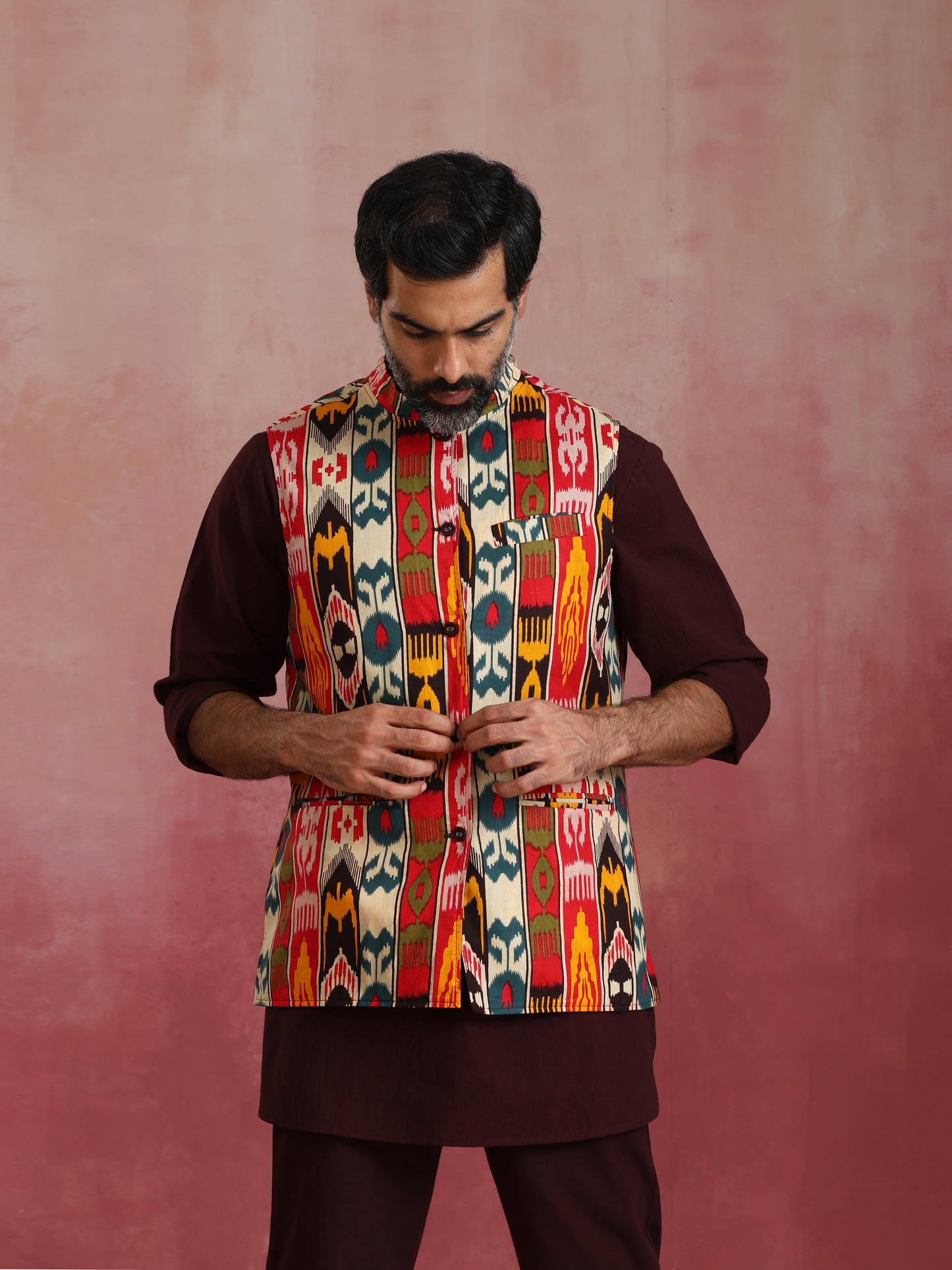 trueBrowns Men's Cola Ikat Print Cotton Reversible Nehru Jacket | Swadesiicart
