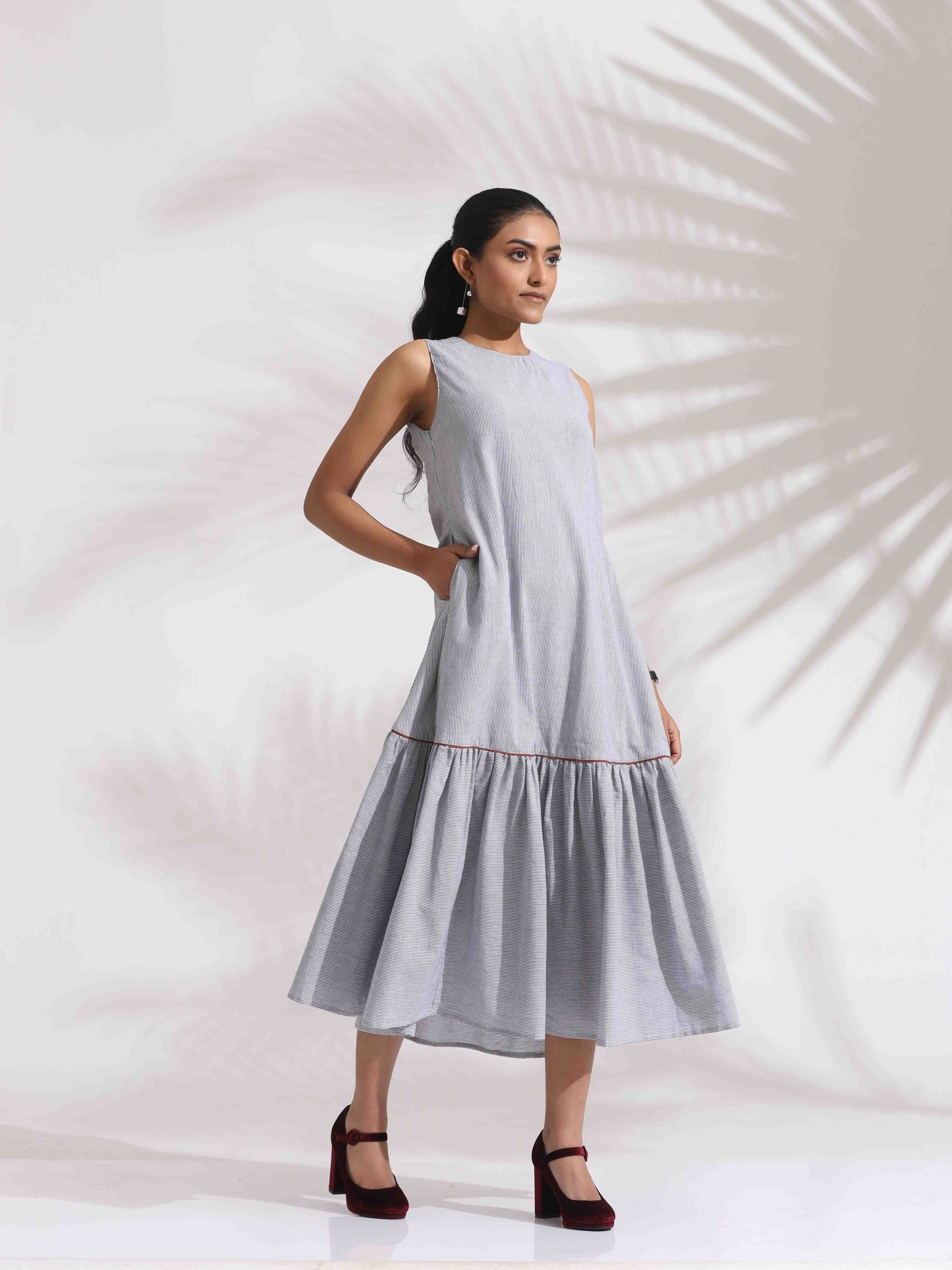 trueBrowns trueBrown Grey Cotton Stripe Tier Dress | Swadesiicart