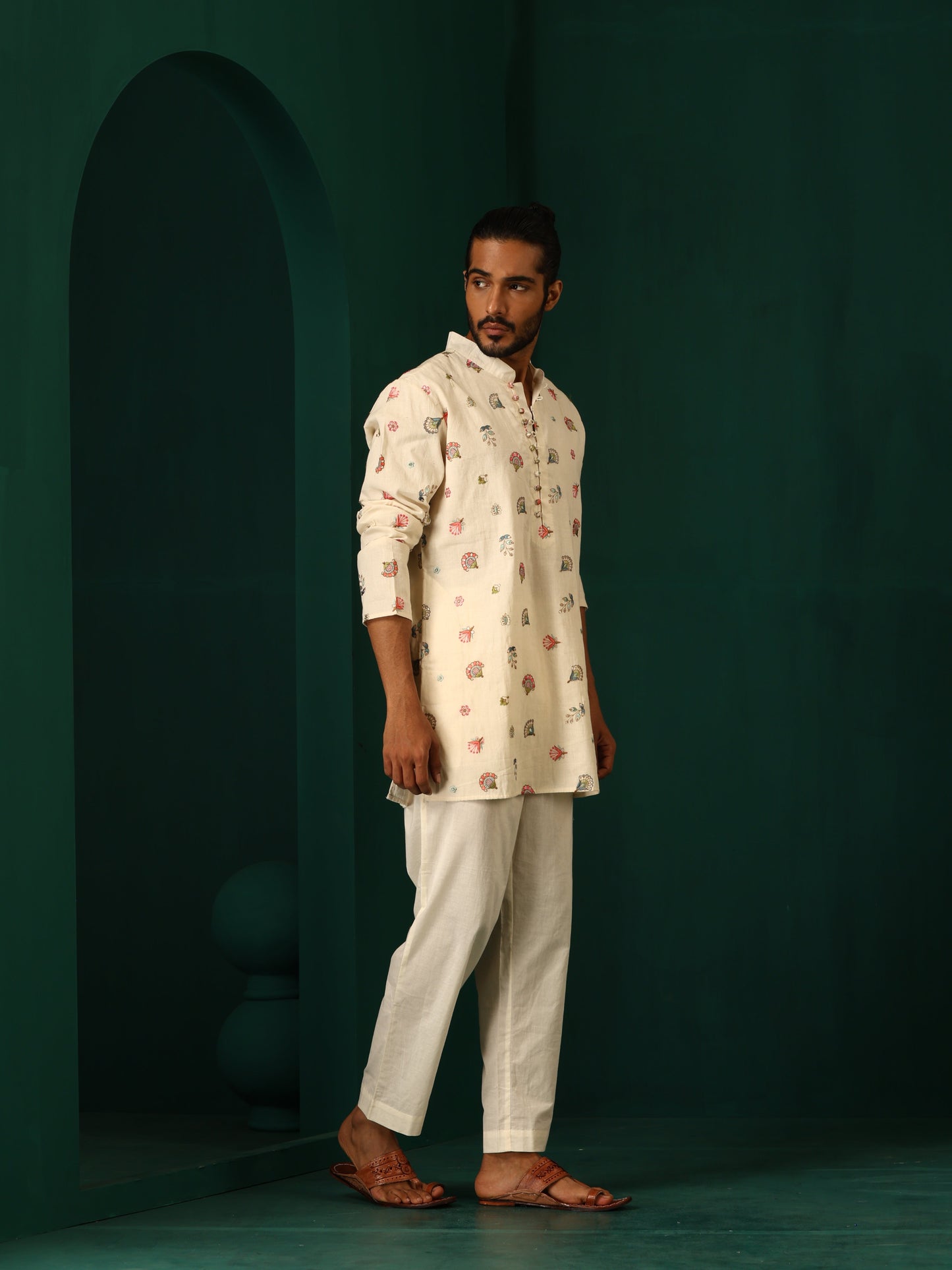 trueBrowns Men's Ivory Multi color Floral Cotton Co-ord Set - Swadesiicart