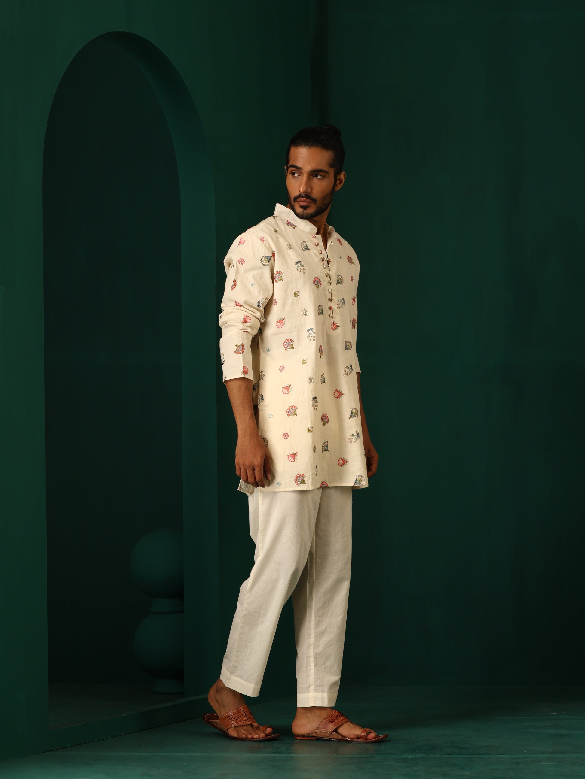 trueBrowns Men's Ivory Multi color Floral Cotton Co-ord Set - Swadesiicart