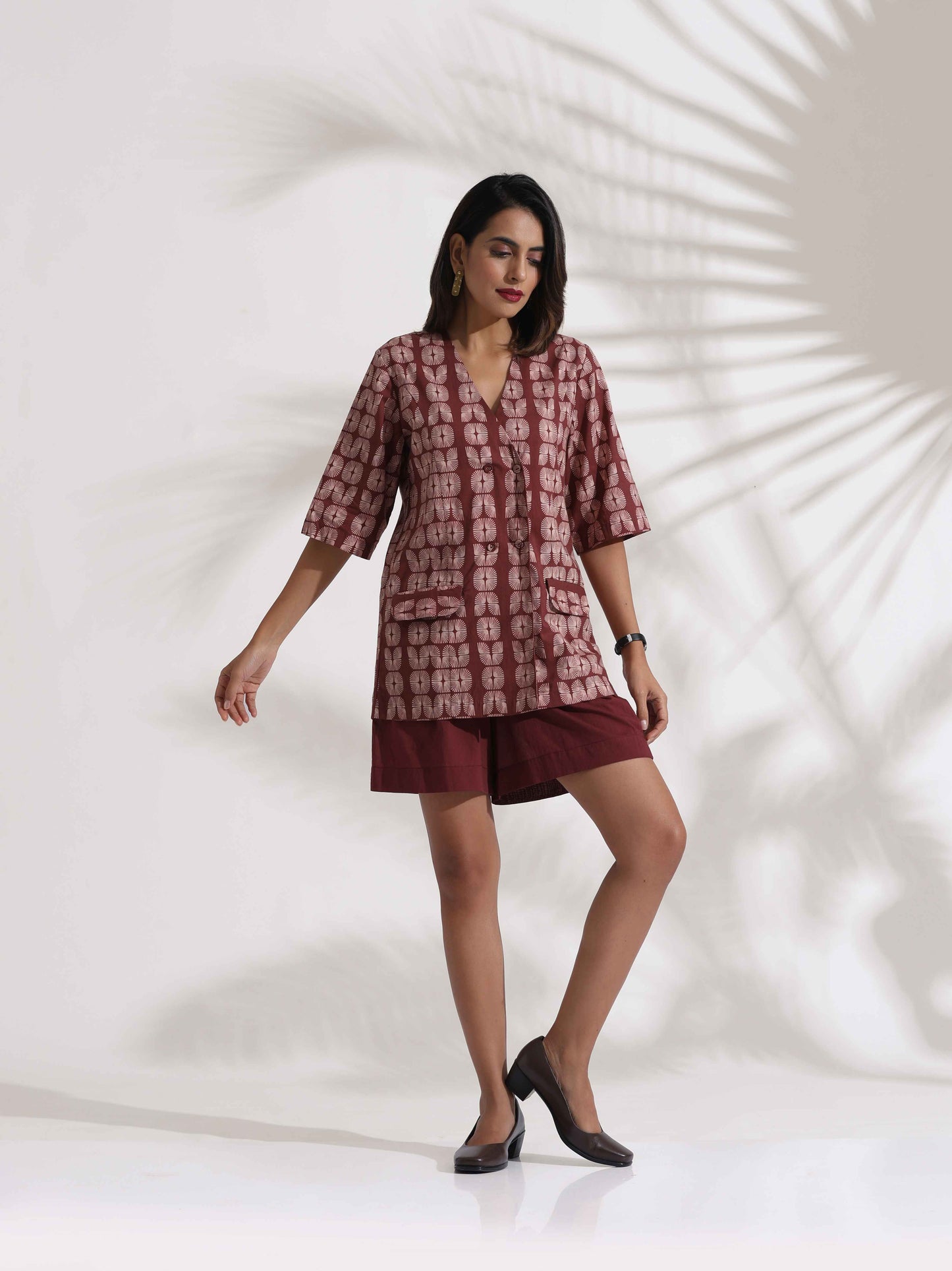 trueBrowns Brown Cotton Print Jacket Top & Short Co-ord Set - Swadesiicart