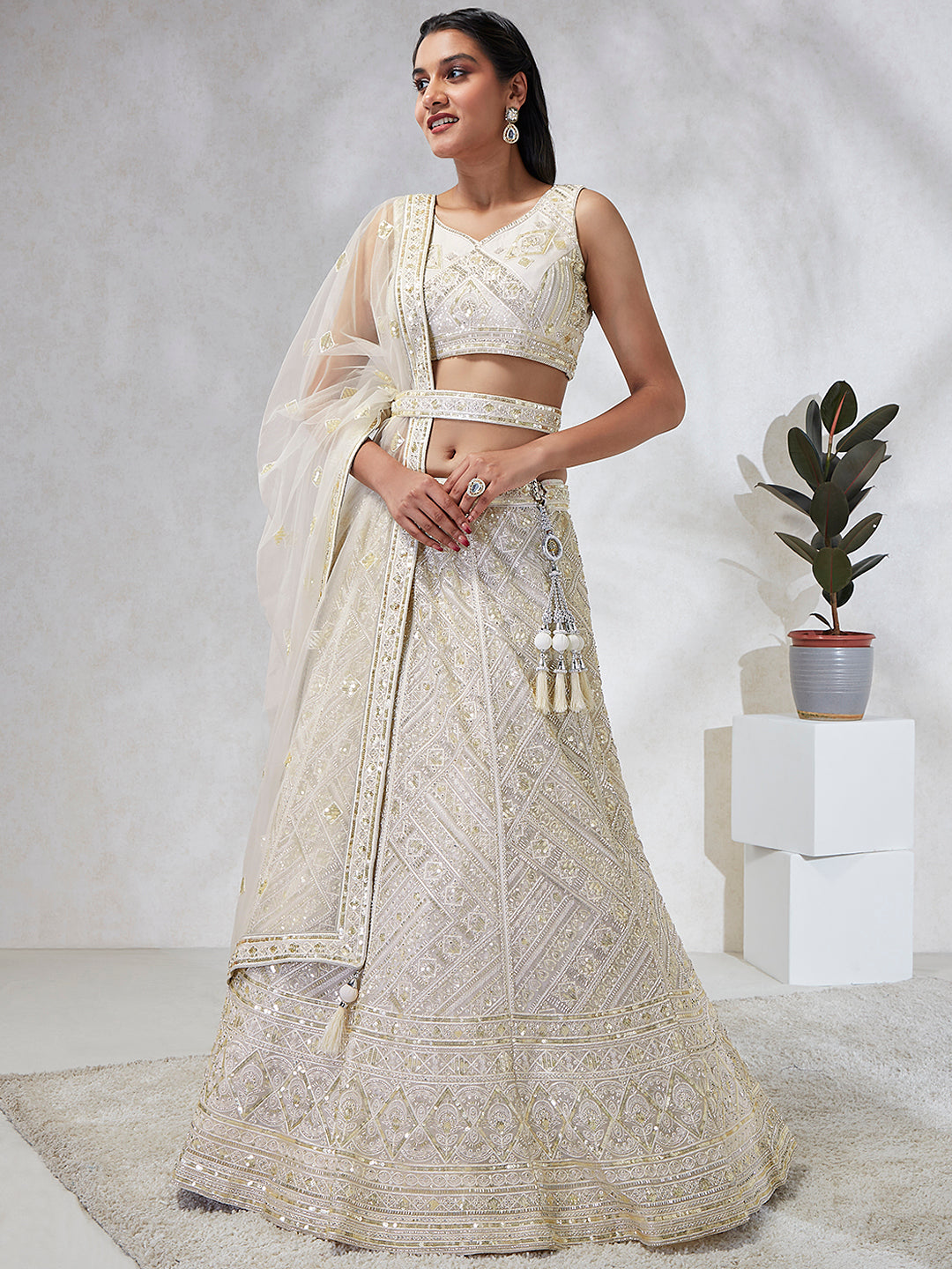 House of Panchhi Cream Net Cutdana, Sequins And Zarkan Embroidery Lehenga Choli & Dupatta | Swadesiicart