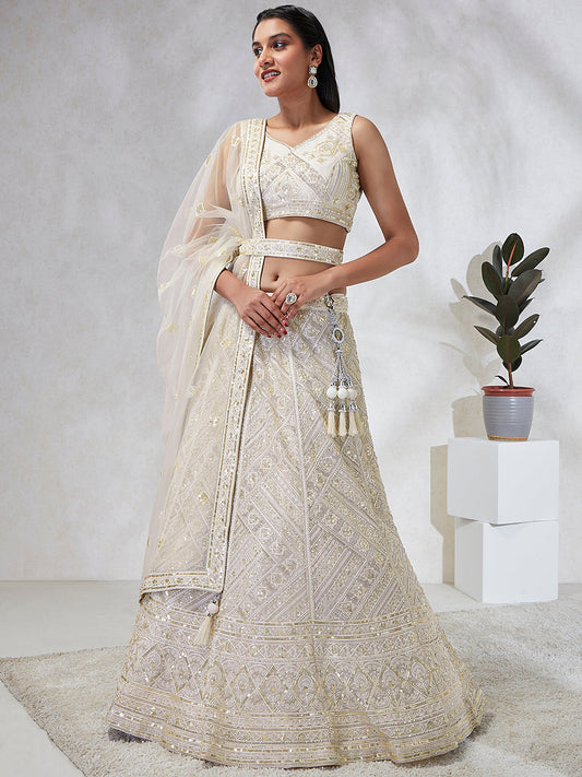 House of Panchhi Cream Net Cutdana, Sequins And Zarkan Embroidery Lehenga Choli & Dupatta | Swadesiicart
