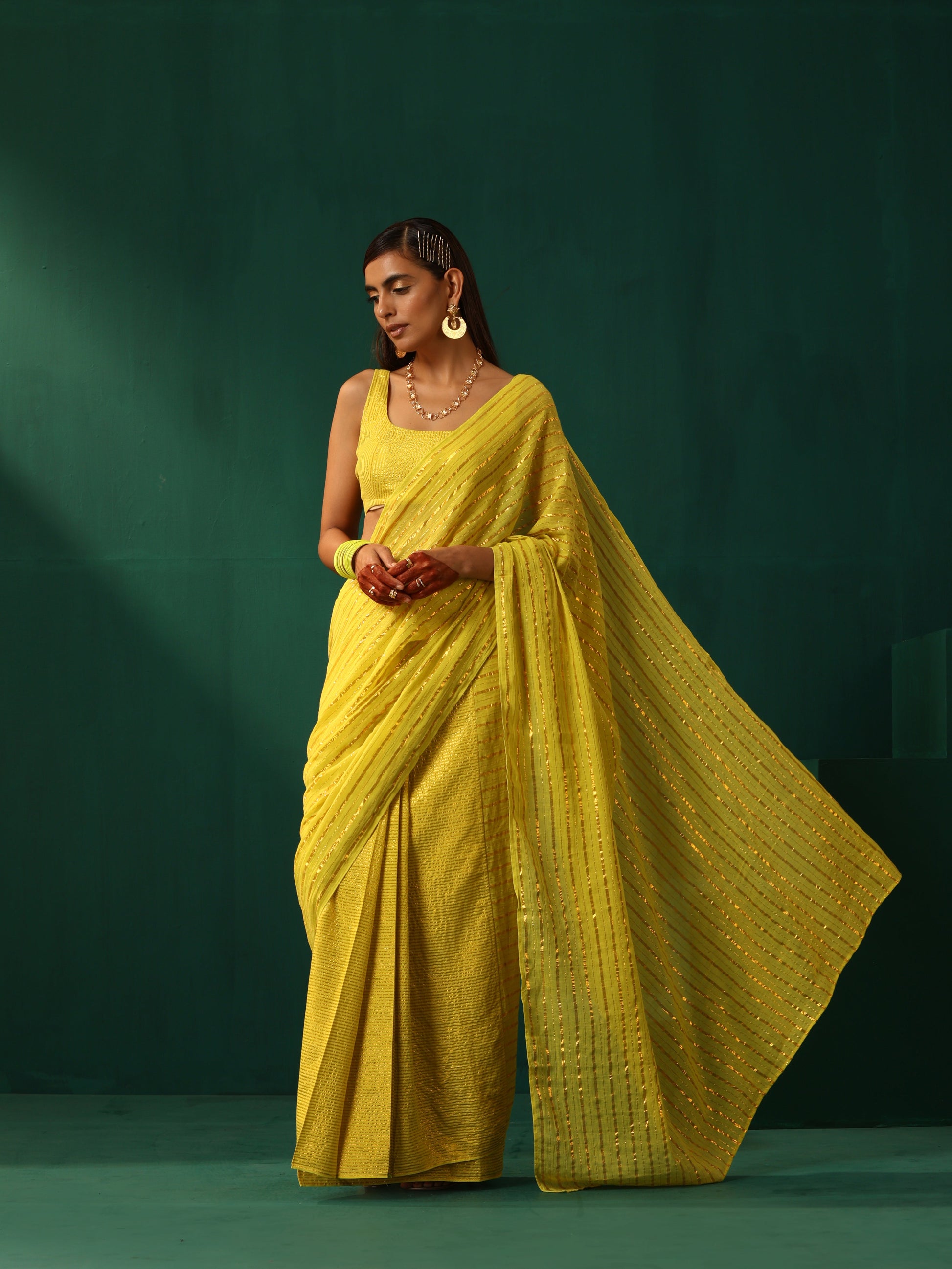 trueBrowns Lime Cotton Gold Lurex Striped Ready to Wear Saree | Swadesiicart
