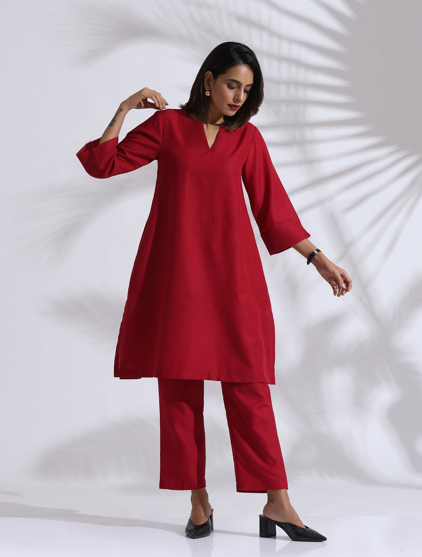 trueBrowns Maroon Slub Kurta Co-ord Set - Swadesiicart