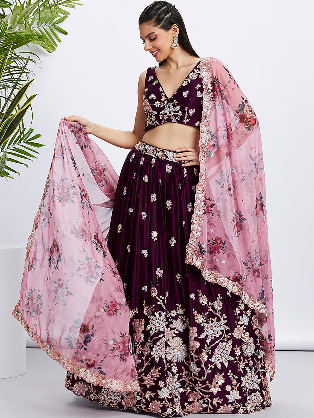 House of Panchhi Purple Pure Georgette Sequins And Thread Embroidery Lehenga Choli & Dupatta | Swadesiicart