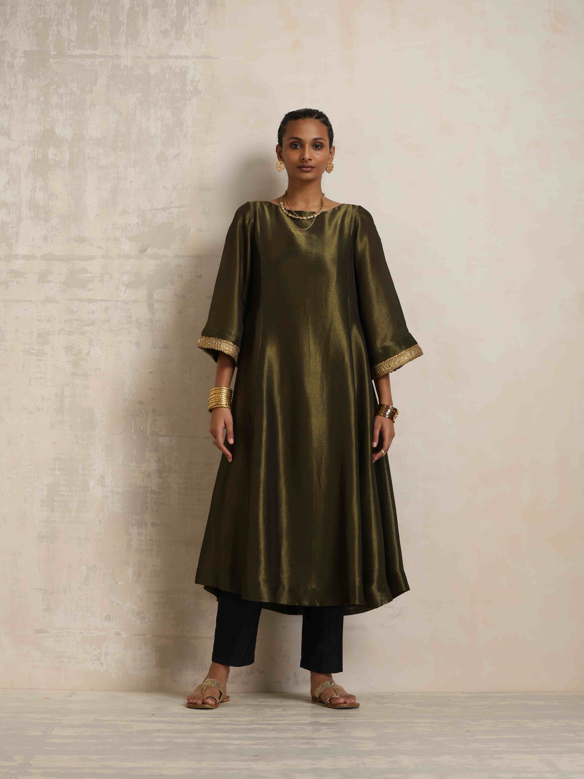 trueBrowns Olive Green Tissue Flared Anarkali Kurta Set | Swadesiicart