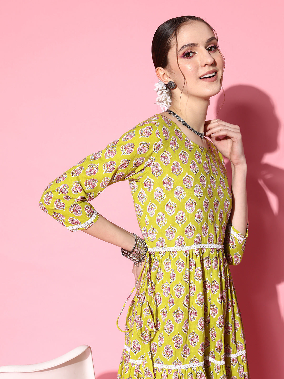 InWeave Women's Yellow Floral Print Tiered Dress With Lace - Swadesiicart