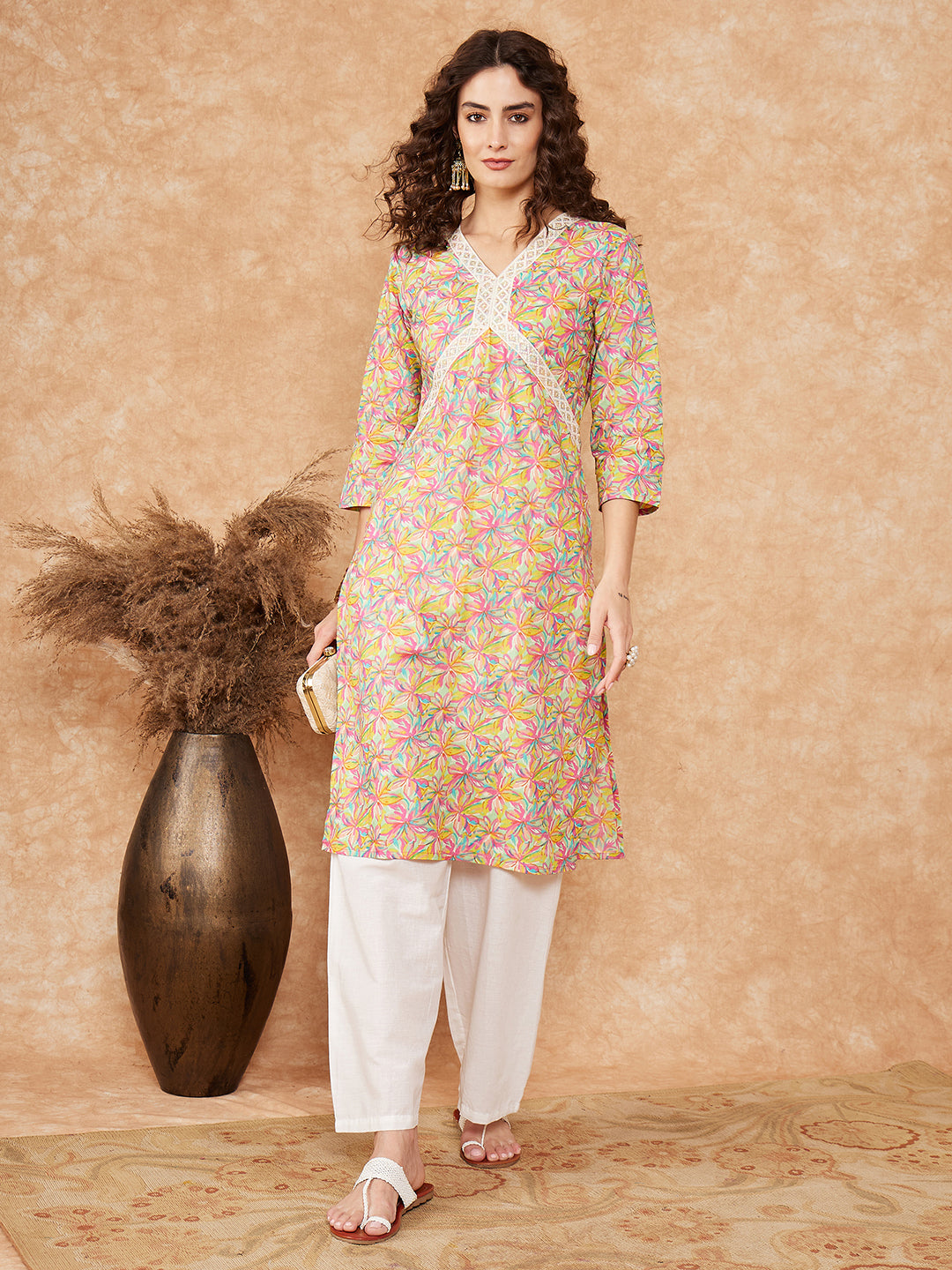 InWeave Women's Multi Floral Painted Alia Lace Work Straight Kurta - Swadesiicart
