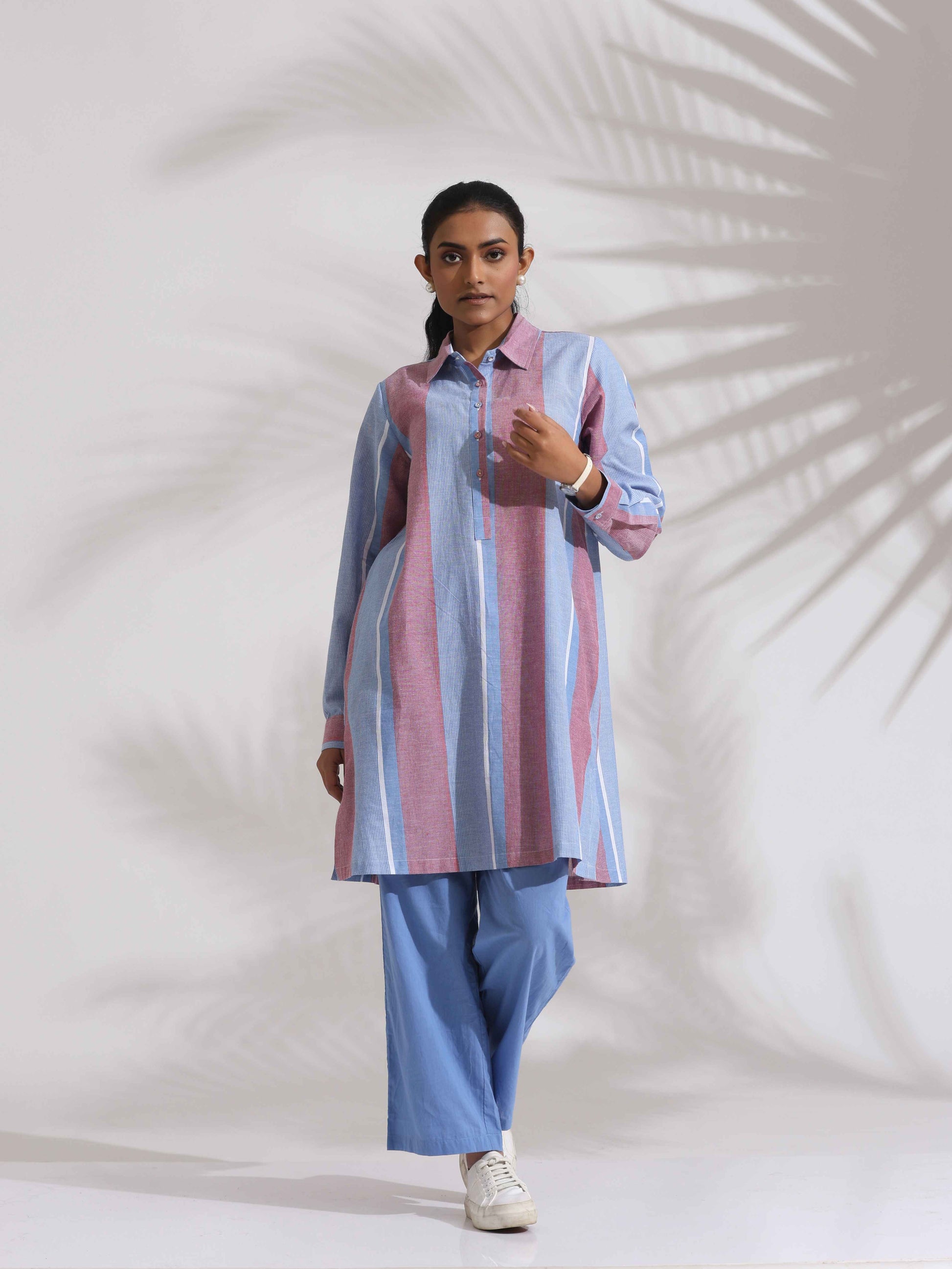 trueBrowns Blue Cotton Stripe Kurta Co-ord Set - Swadesiicart