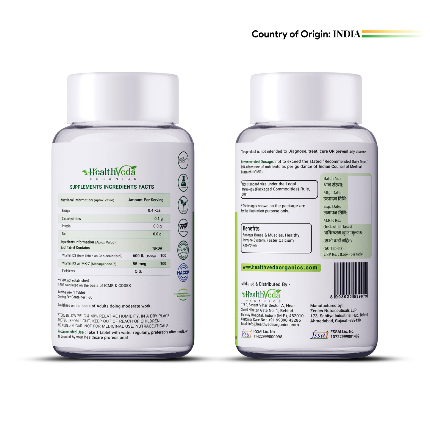 Health Veda Organics Vitamin D3 + K2 Healthy Bones Tablets - Swadesiicart