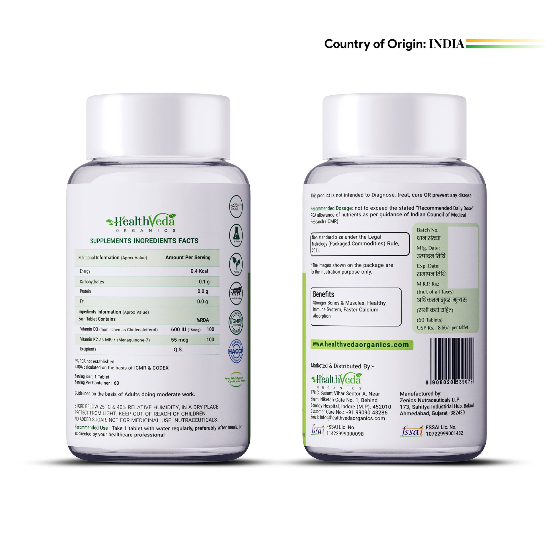 Health Veda Organics Vitamin D3 + K2 Healthy Bones Tablets - Swadesiicart